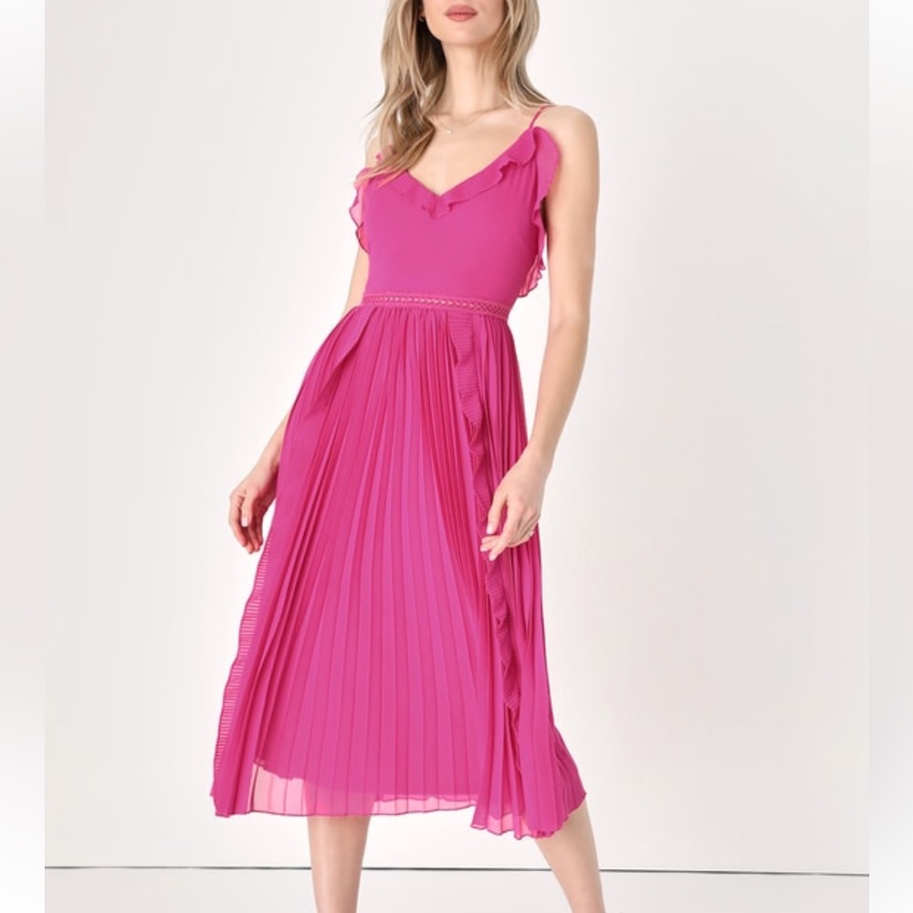 NWT Lulus Never A Dull Moment Magenta Pink Tie-Strap Pleated Midi Dress